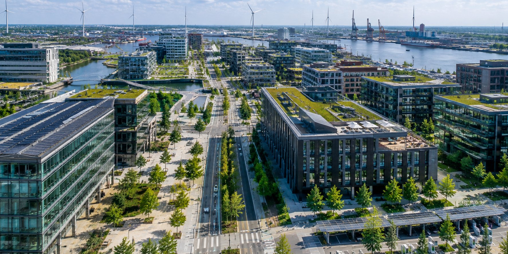 Veduta aerea di un quartiere direzionale sull'acqua, con edifici a tetto verde, viali alberati e gru portuali sullo sfondo